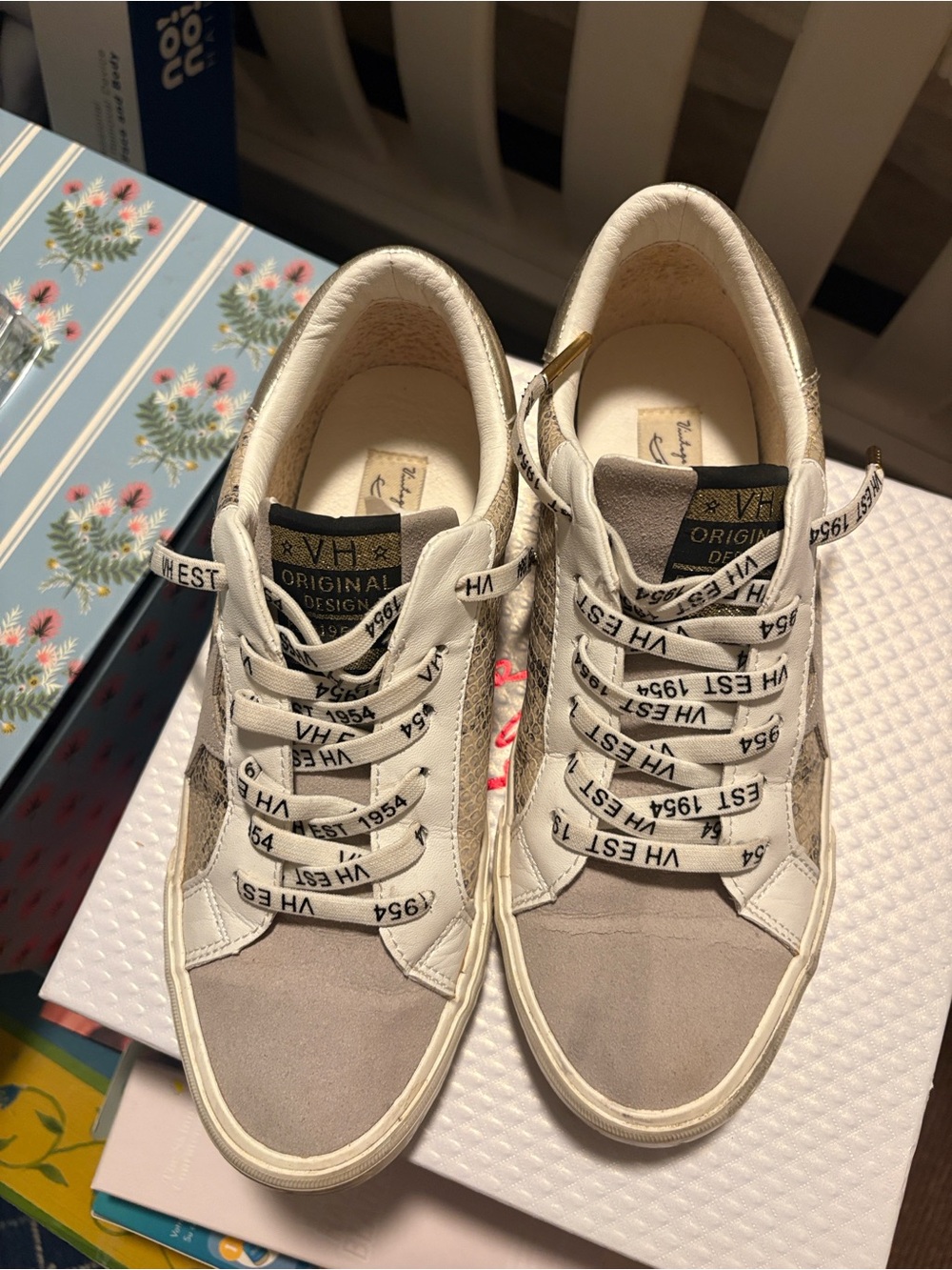 Vintage Havana Beige, Cream & White Snakeskin Sneakers